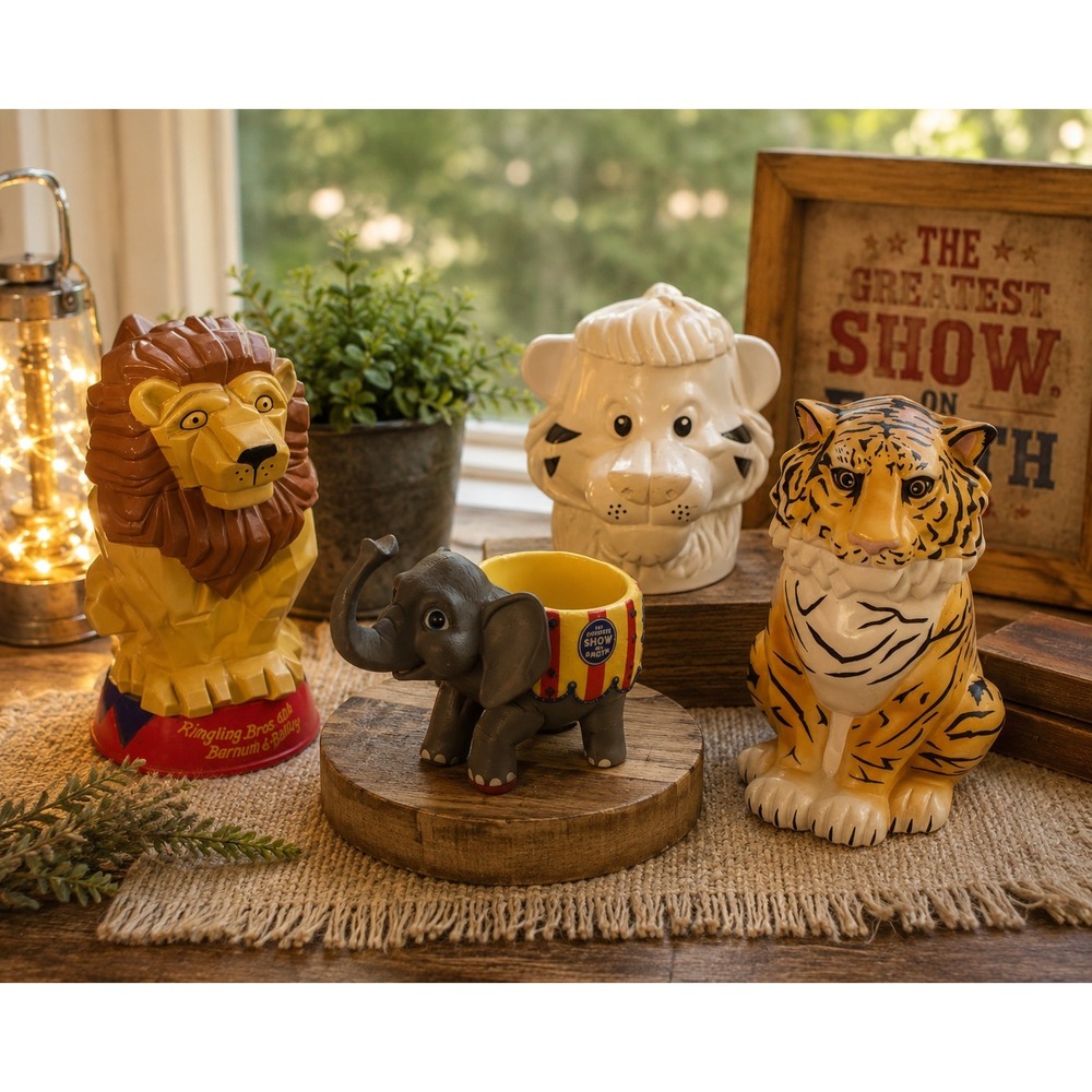 Vintage Children's Circus Animal Plastic Cup Lot Lion Tiger Elephant Ringling Br